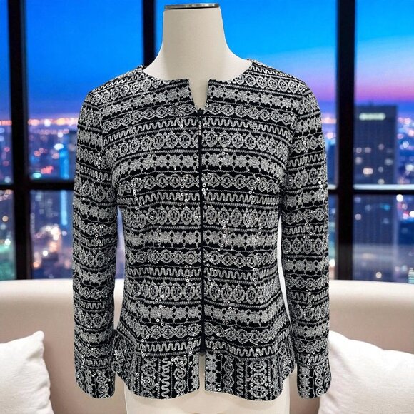 Alex Evenings Sequin Jacket Petite MP Black Silver Zip Party Blazer Elegant - Picture 1 of 8